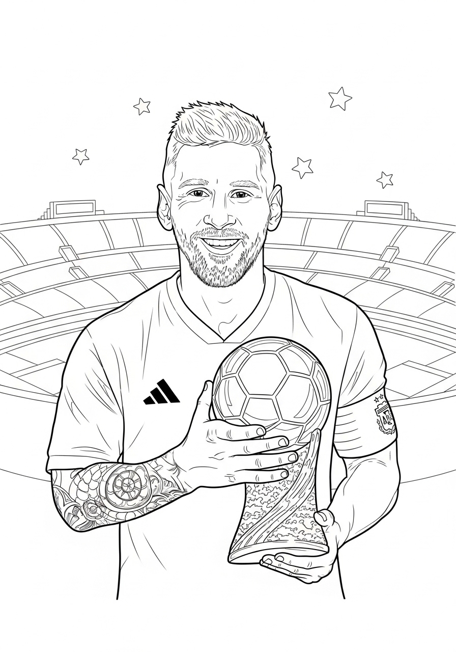 Desenho do Messi com troféu em estádio para colorir
