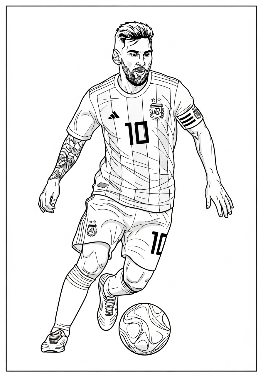 Desenho do Messi correndo com a bola para colorir