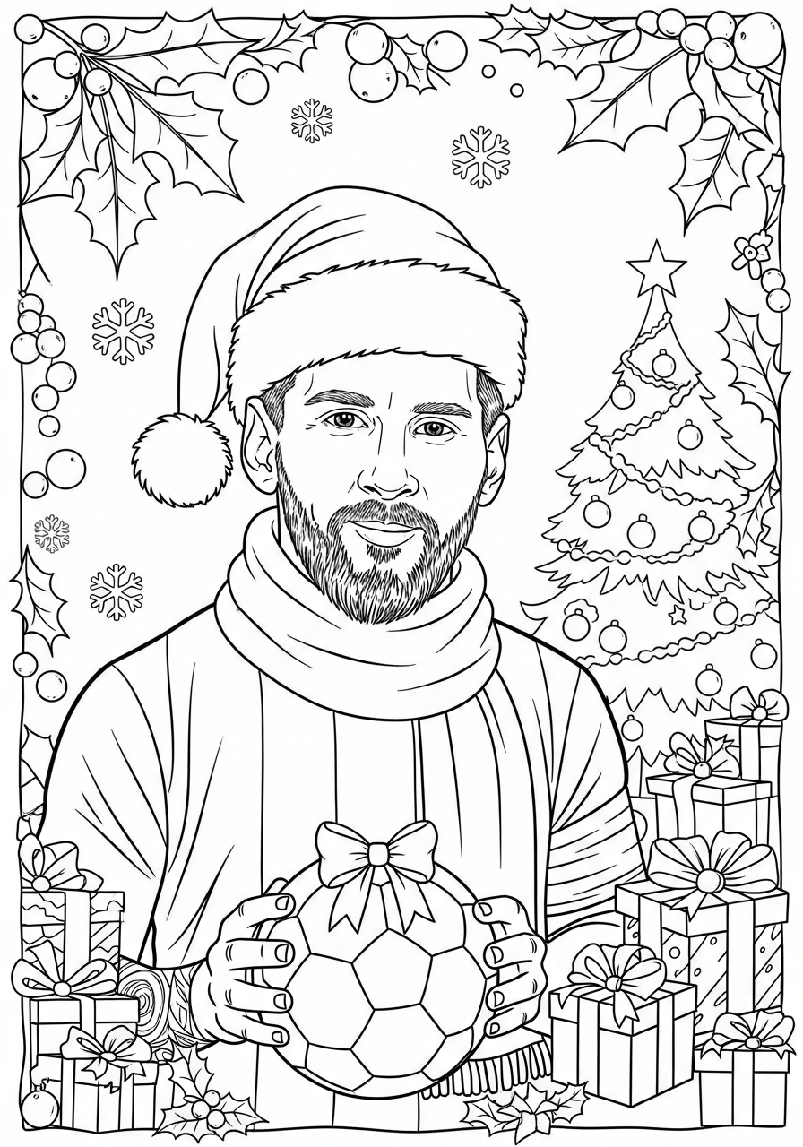 Desenho do Messi com gorro de Natal segurando bola