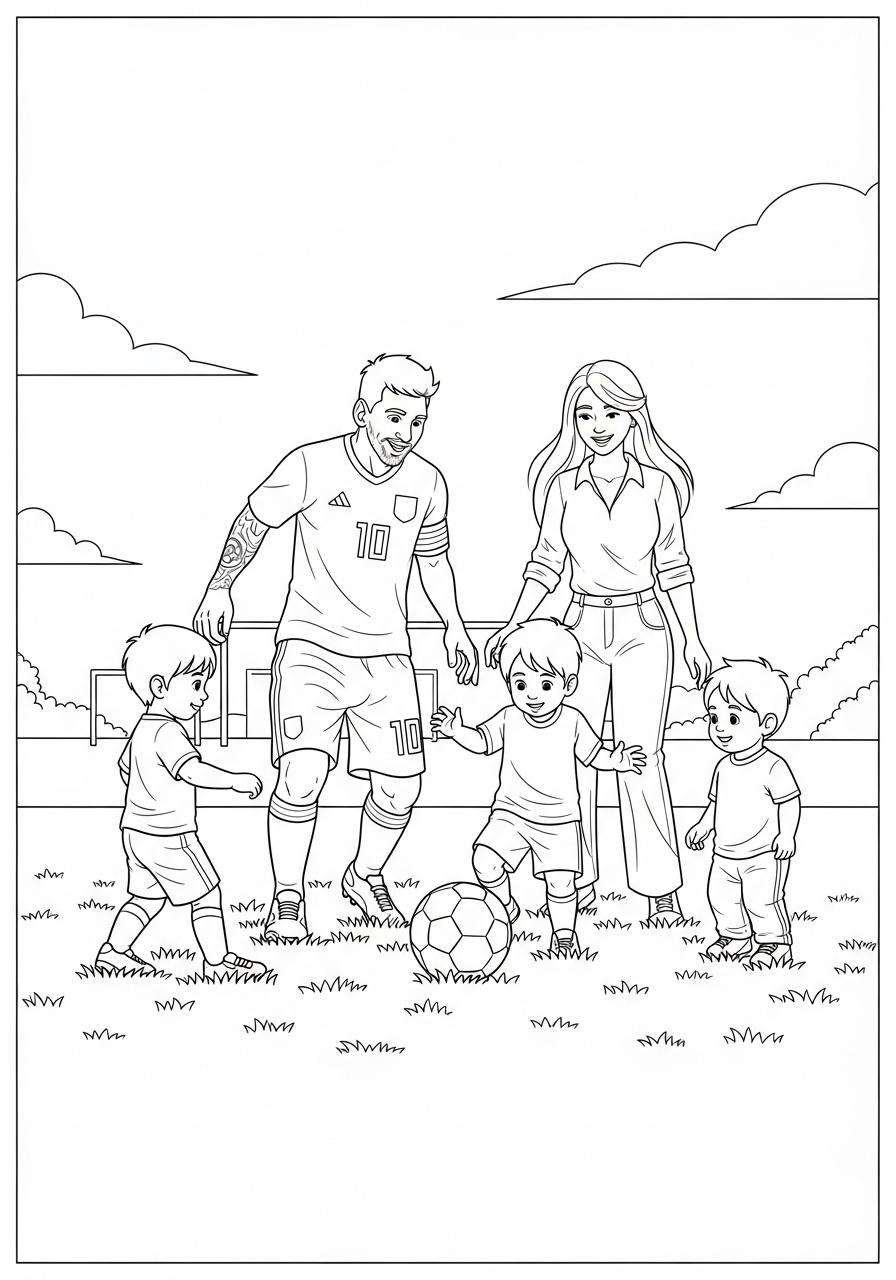 Desenho do Messi jogando futebol com crianças no campo