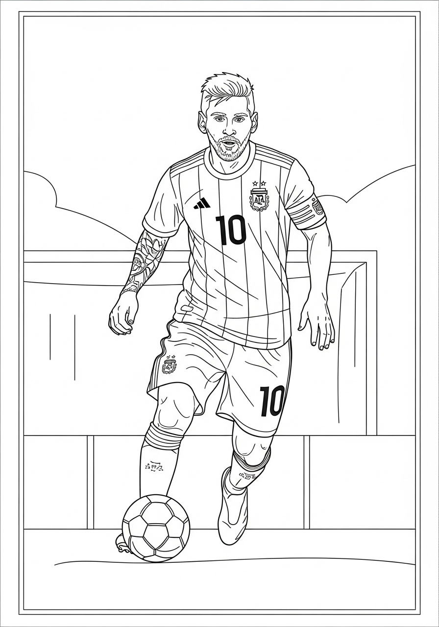 Desenho do Messi driblando uma bola para colorir