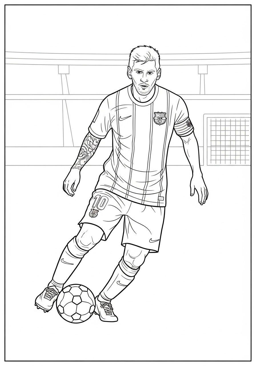 Desenho do Messi driblando com bola em campo de futebol