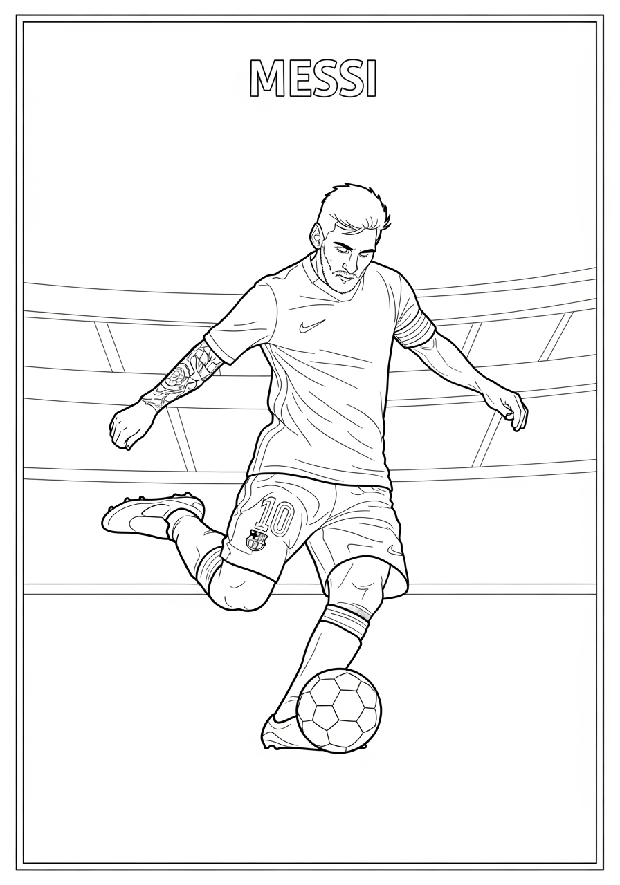 Desenho do Messi chutando uma bola de futebol para colorir