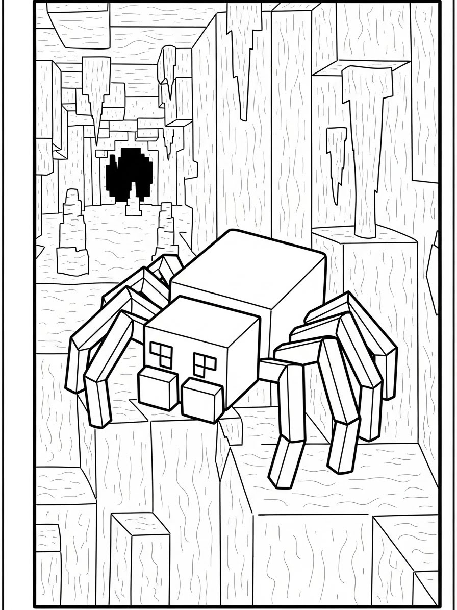 Desenho do Minecraft com uma aranha em uma caverna para colorir