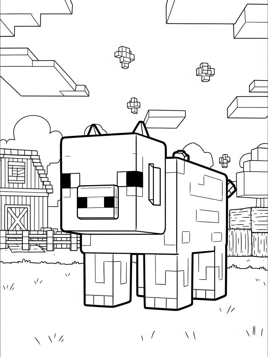 Desenho do Minecraft da vaca em um cenário rural para colorir
