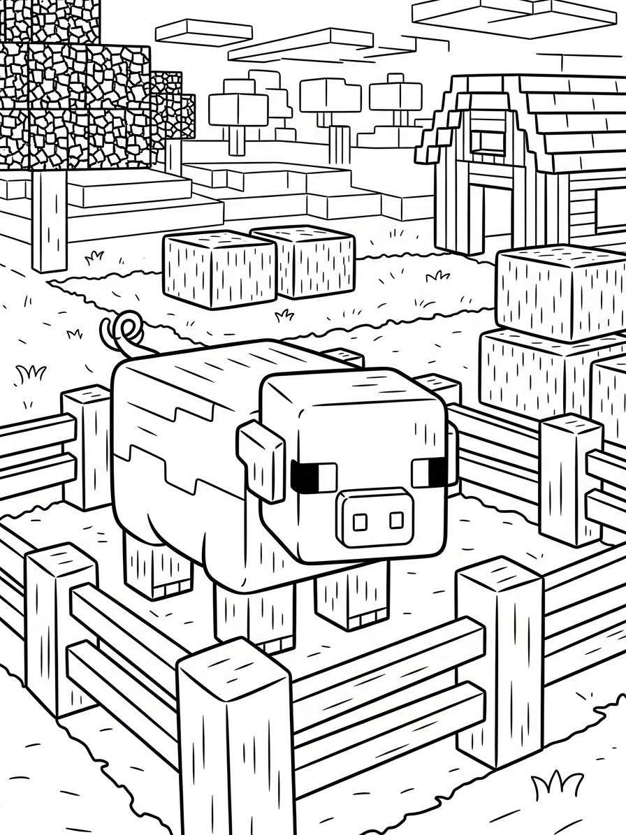 Desenho do Minecraft com porquinho cercado para colorir
