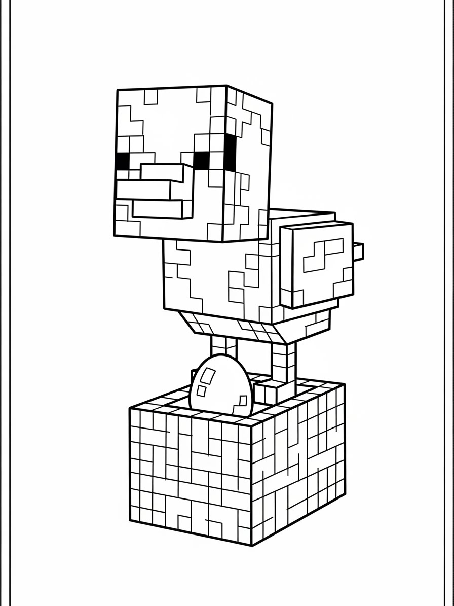 Desenho do Minecraft com um frango e um ovo para colorir