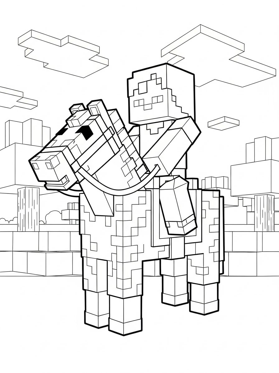 Desenho do Minecraft com personagem montando cavalo para colorir