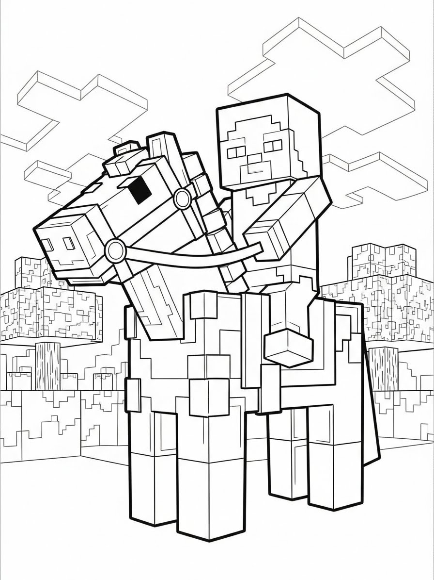 Desenho do Minecraft com personagem em um cavalo para colorir