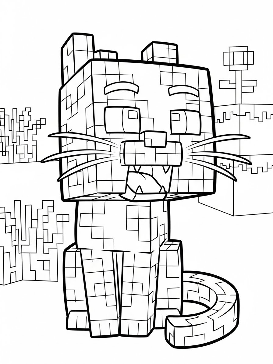 Desenho do Minecraft com o gato para colorir