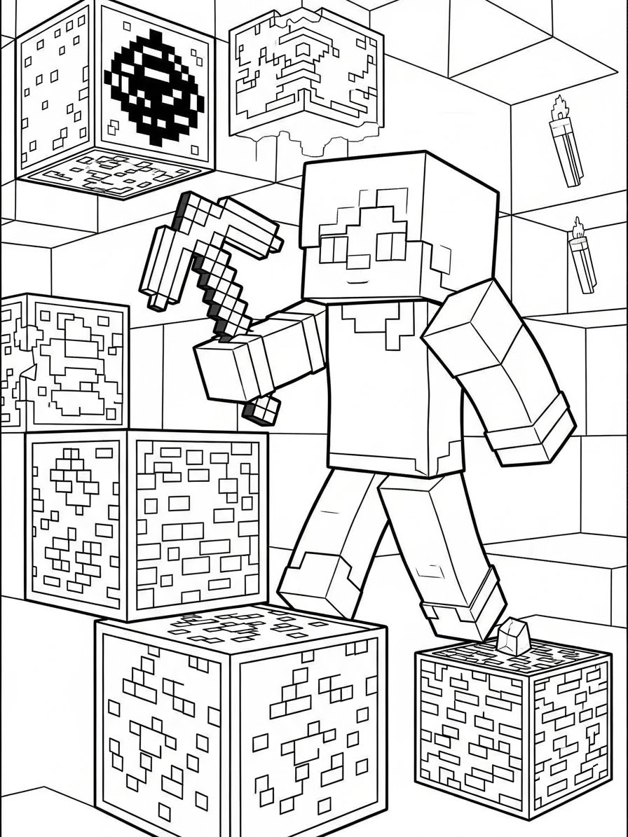 Desenho do Minecraft com personagem e blocos para colorir