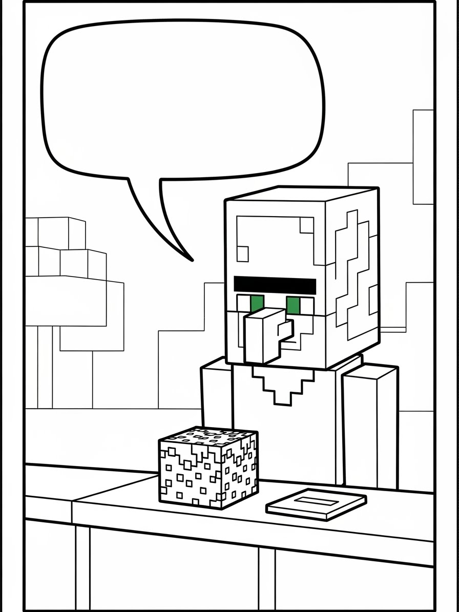 Desenho do Minecraft com o aldeão e blocos para colorir