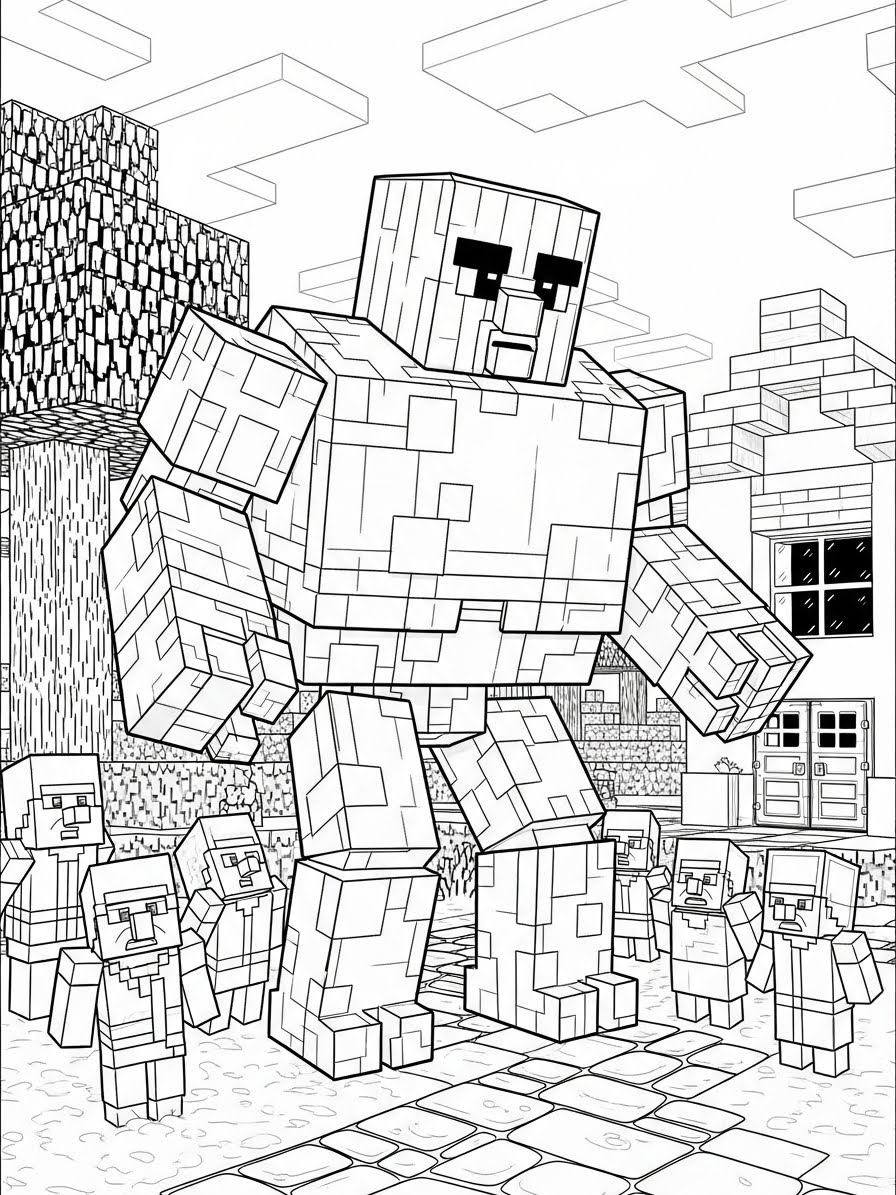 Desenho do Minecraft mostrando um golem e aldeões para colorir