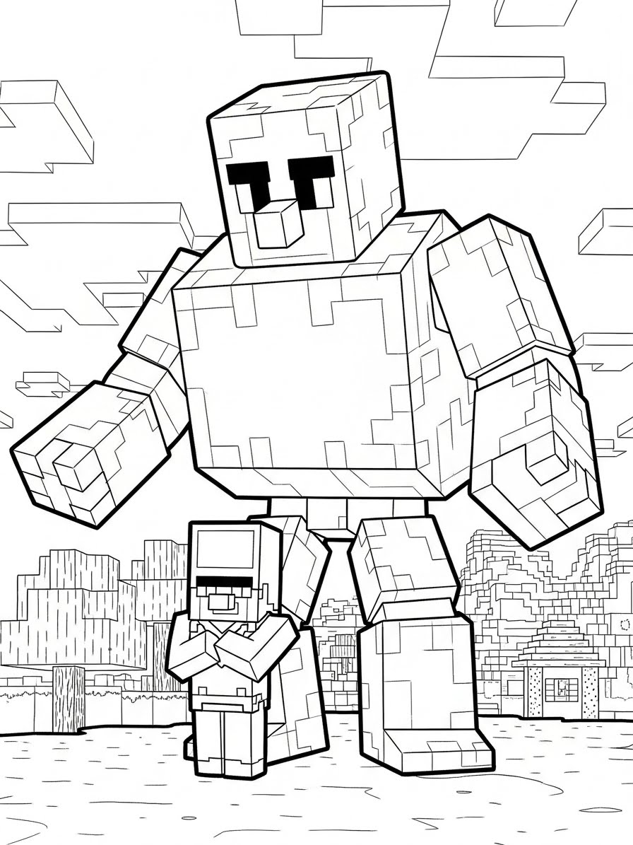 Desenho do Minecraft com um golem e um aldeão para colorir