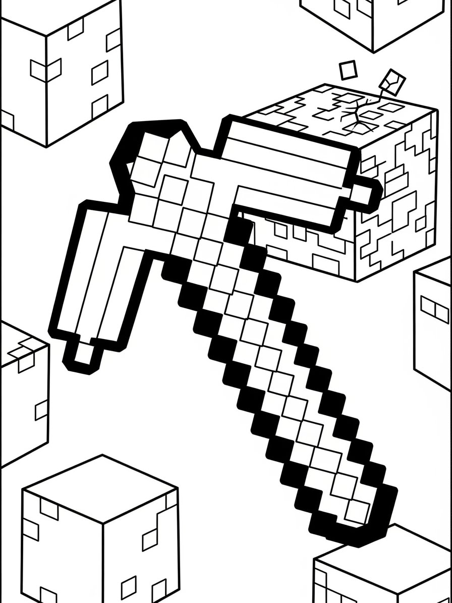 Desenho do Minecraft picareta e blocos para colorir
