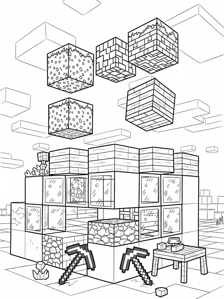 Desenho do Minecraft com blocos e picaretas para colorir