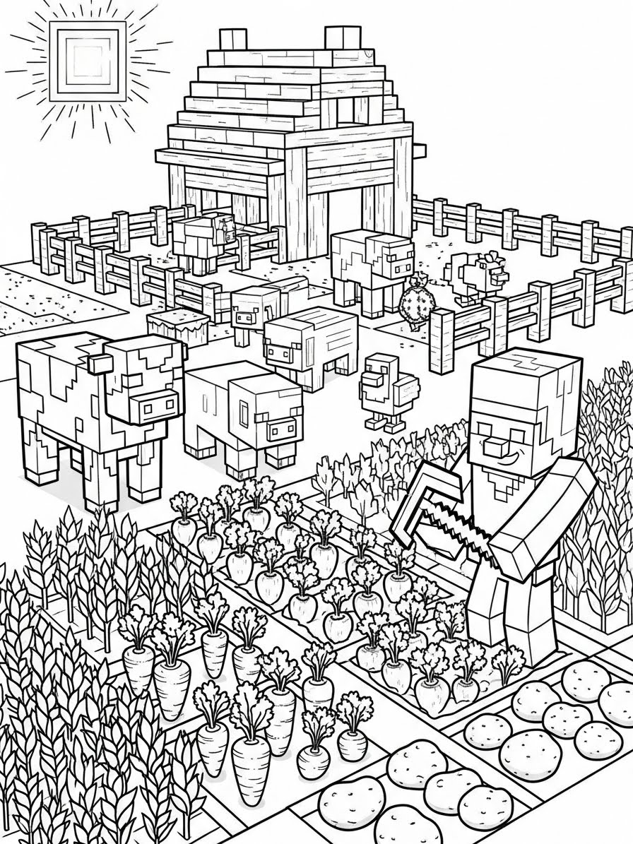Desenho do Minecraft com fazenda e Steve trabalhando para colorir