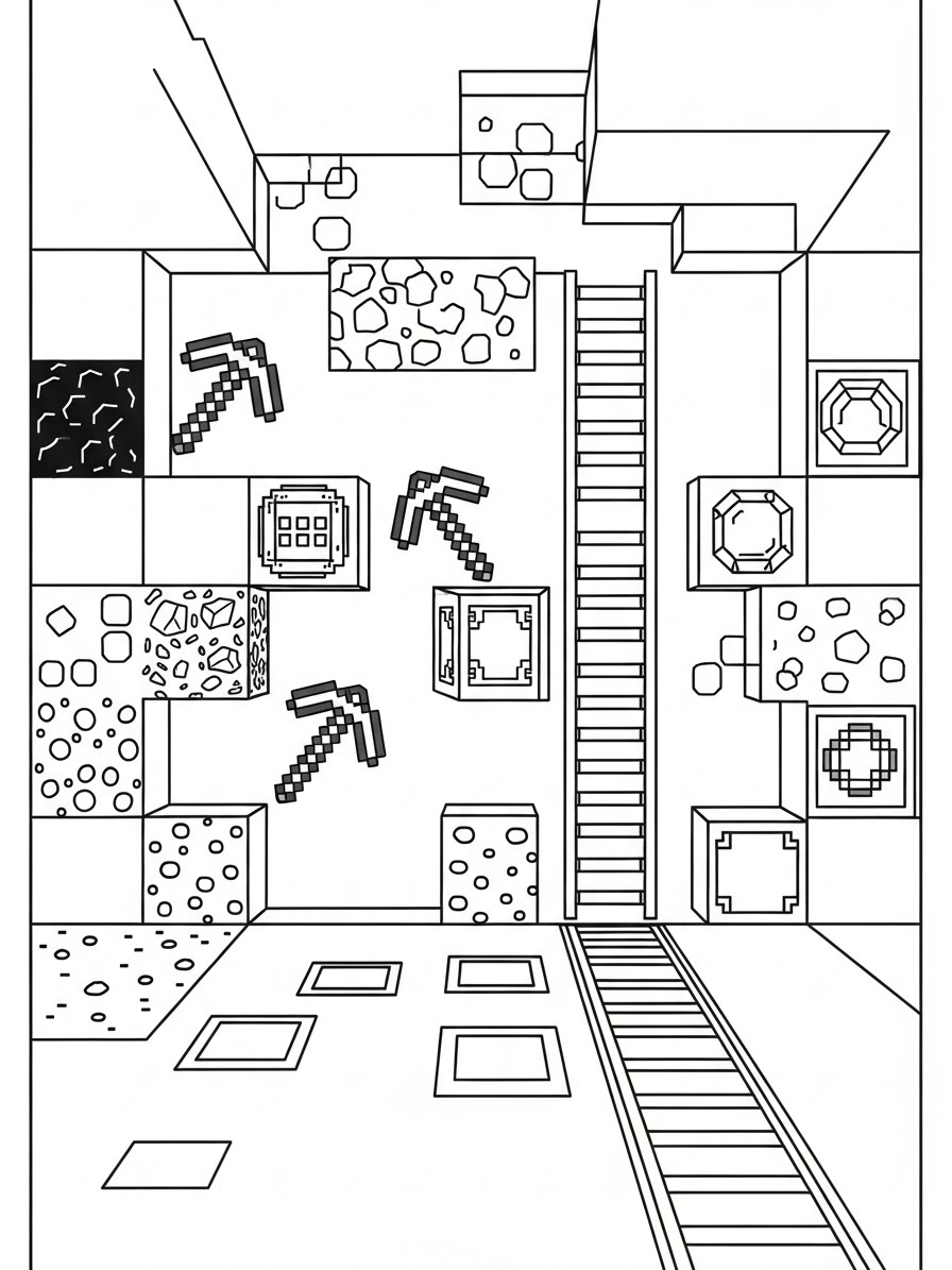 Desenho do Minecraft com picaretas e minério para colorir