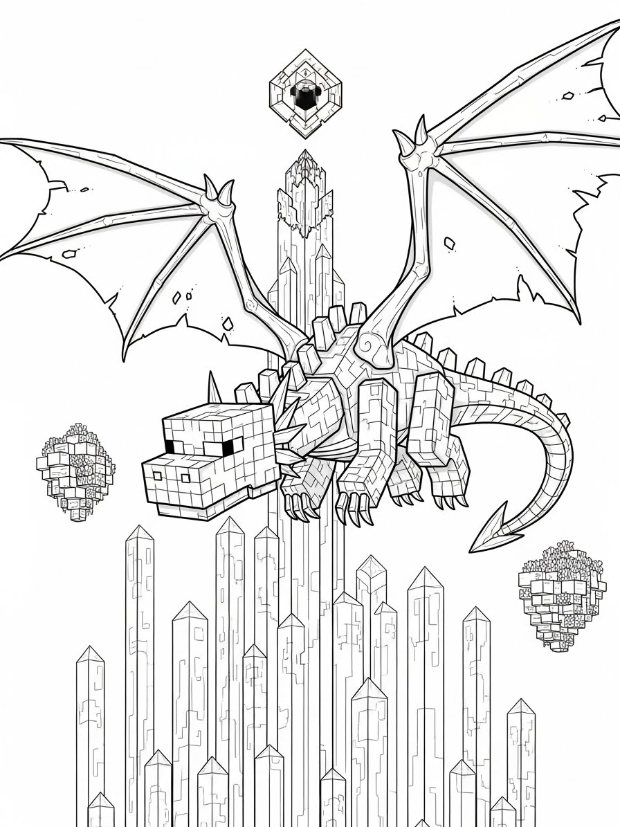 Desenho do Minecraft dragão e cristais para colorir