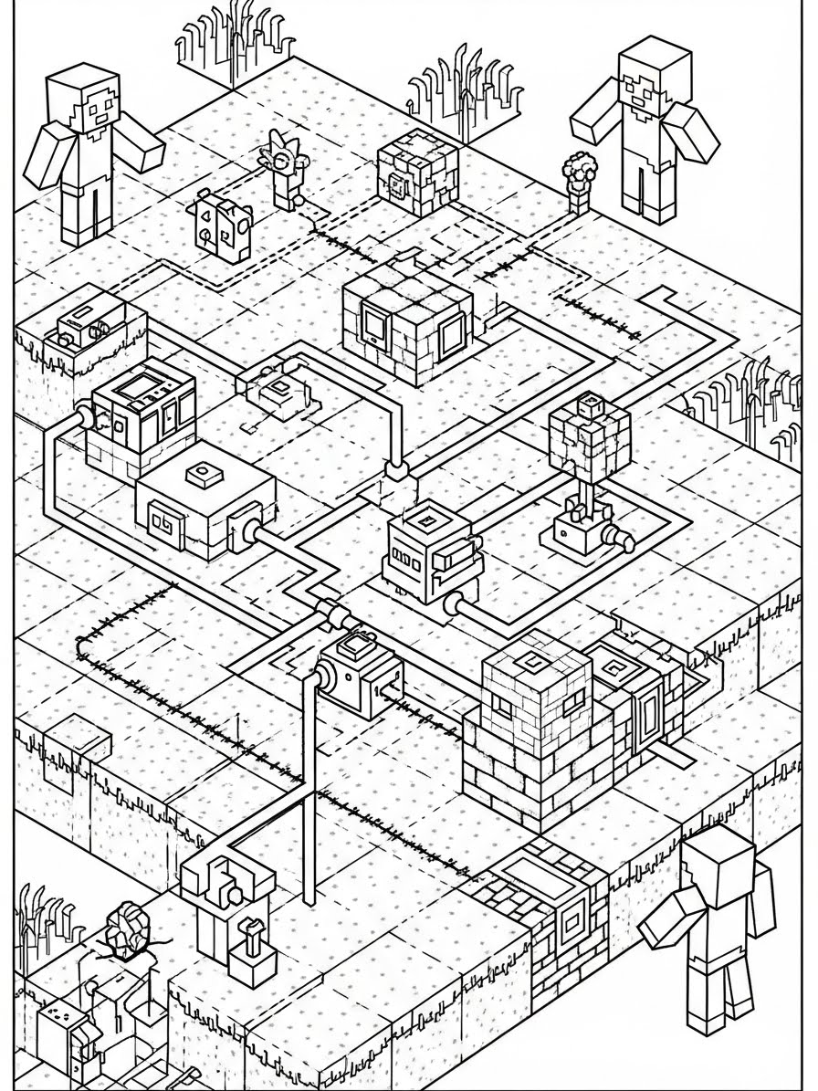 Desenho do Minecraft com várias estruturas para colorir