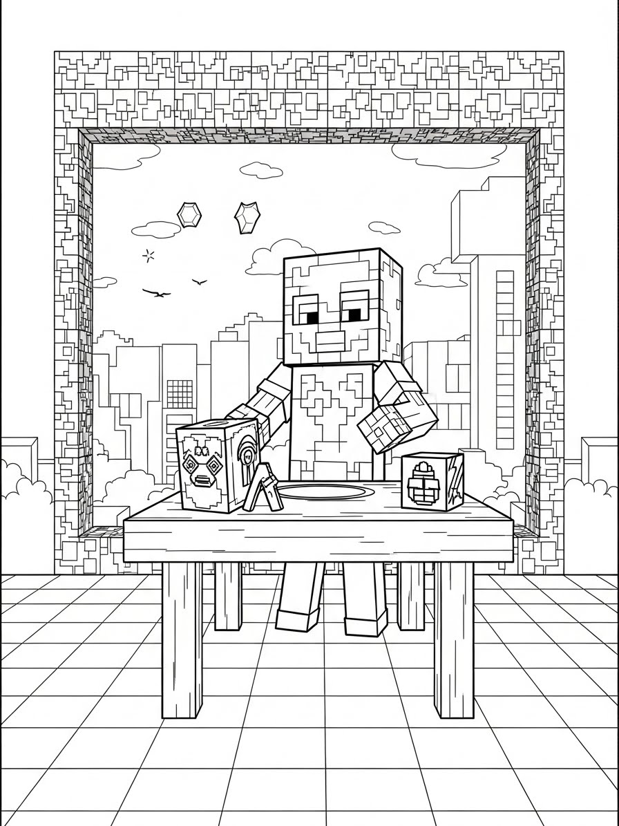 Desenho do Minecraft com personagem em mesa para colorir