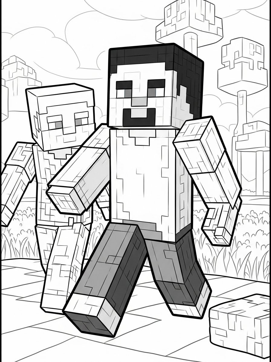 Desenho do Minecraft com dois personagens para colorir