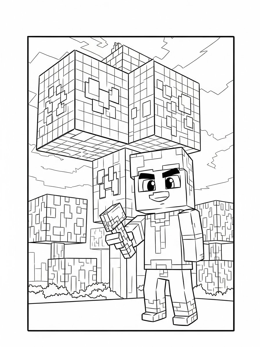 Desenho do Minecraft com personagem segurando um picareta