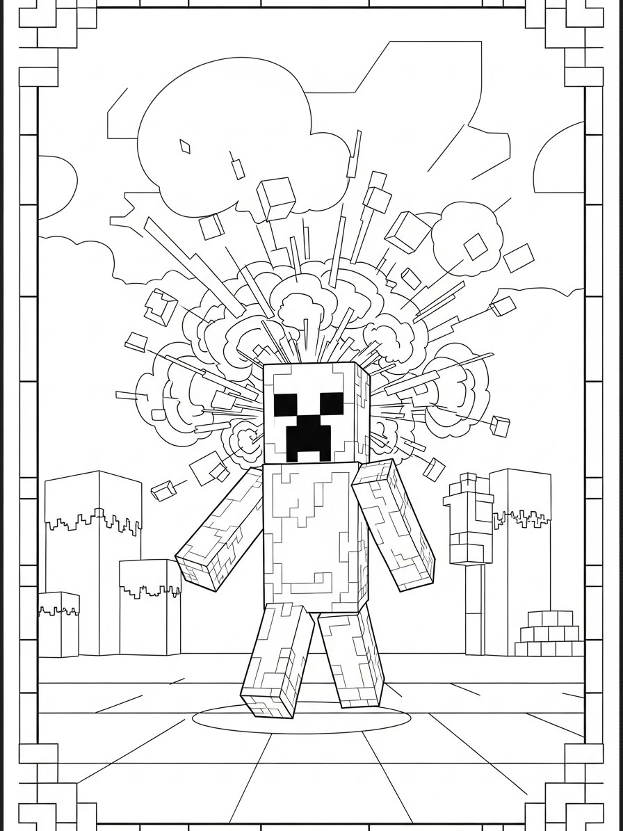 Desenho do Minecraft com o Creeper em explosão para colorir