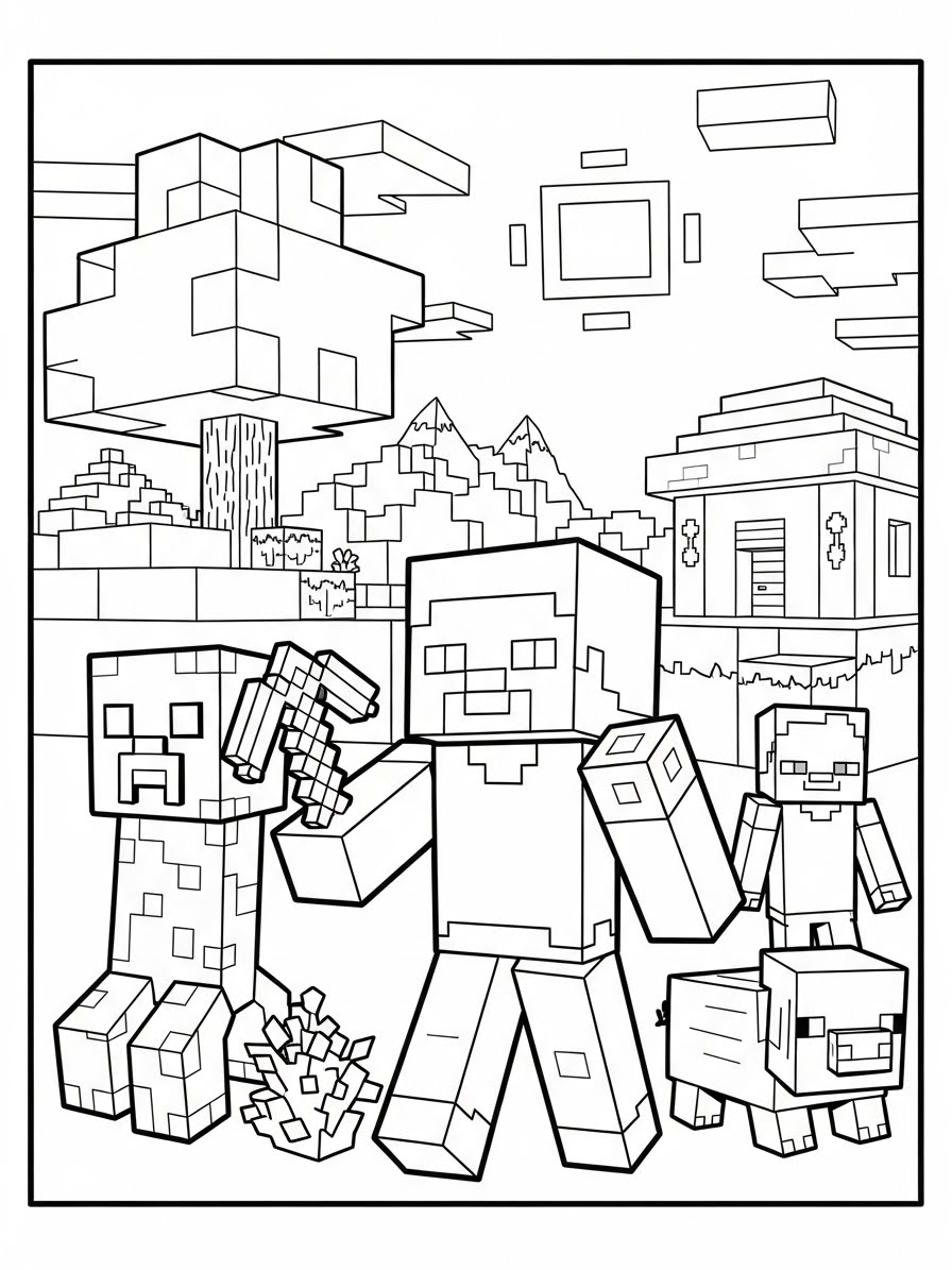 Desenho do Minecraft com personagens e cenário para colorir