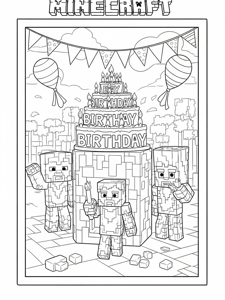 Desenho do Minecraft com Steve e um bolo de aniversário