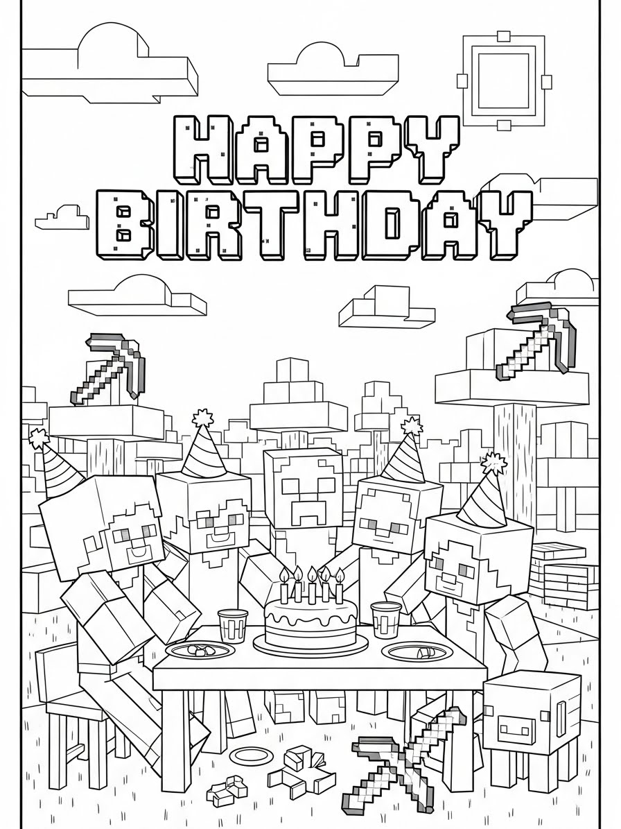 Desenho do Minecraft com personagens comemorando aniversário