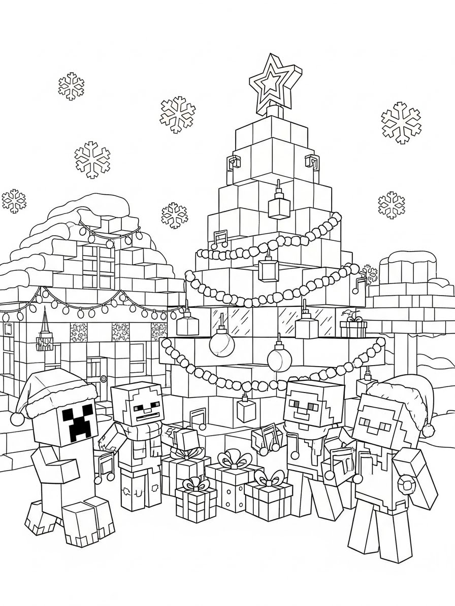 Desenho do Minecraft com personagens e árvore de natal para colorir