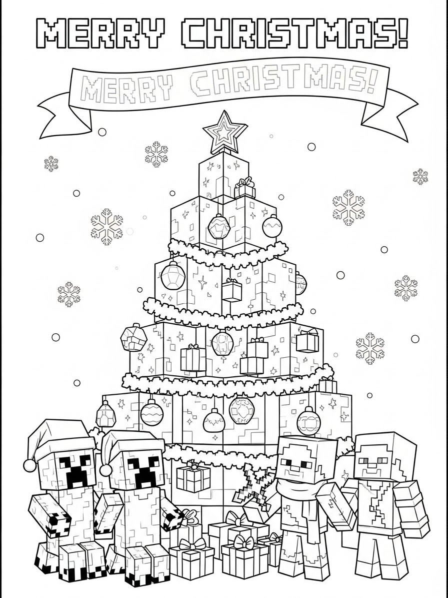 Desenho do Minecraft com árvore de Natal para colorir
