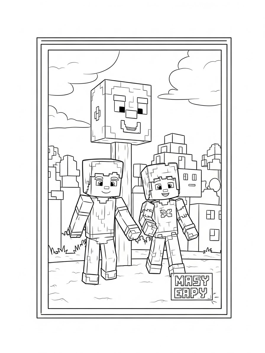 Desenho do Minecraft com dois personagens e uma árvore