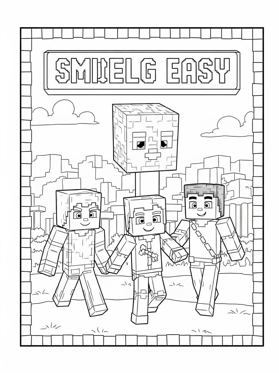 Desenho do Minecraft com três personagens e um bloco para colorir