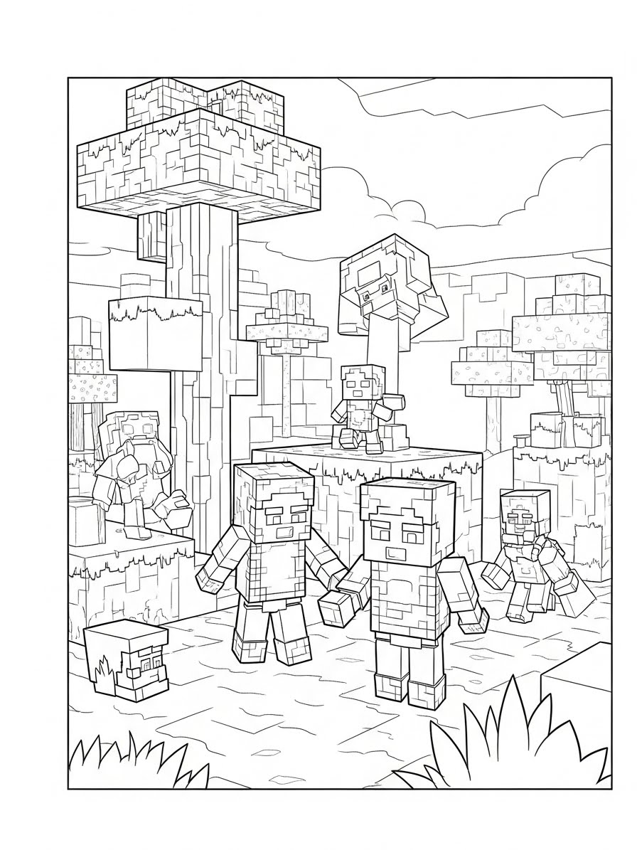 Desenho do Minecraft com personagens em um cenário florestal