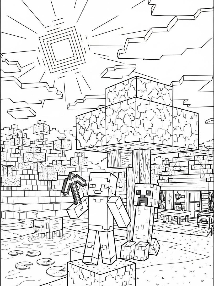 Desenho do Minecraft com o Steve o Creeper para colorir