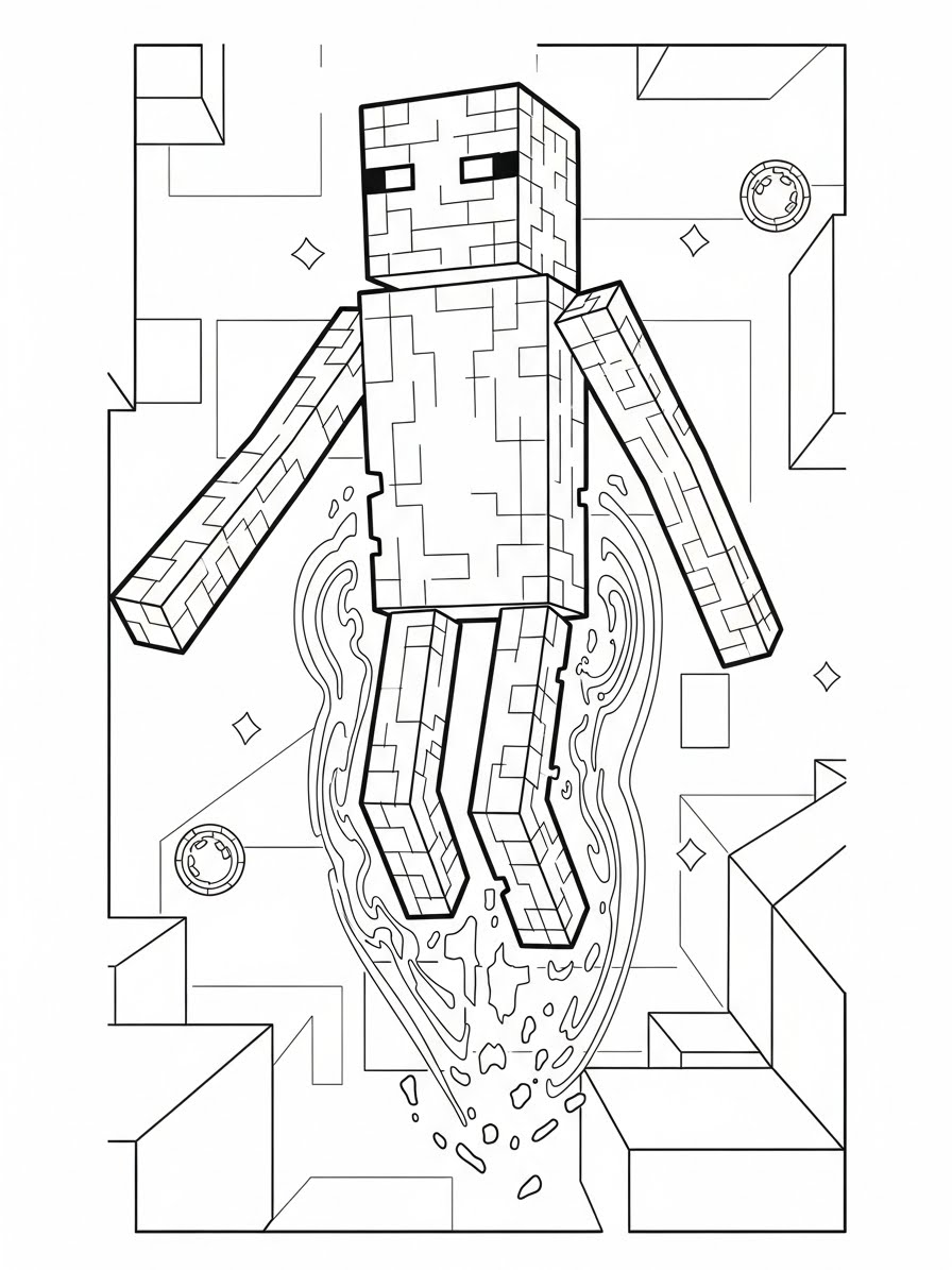Desenho do Minecraft com um personagem flutuante para colorir