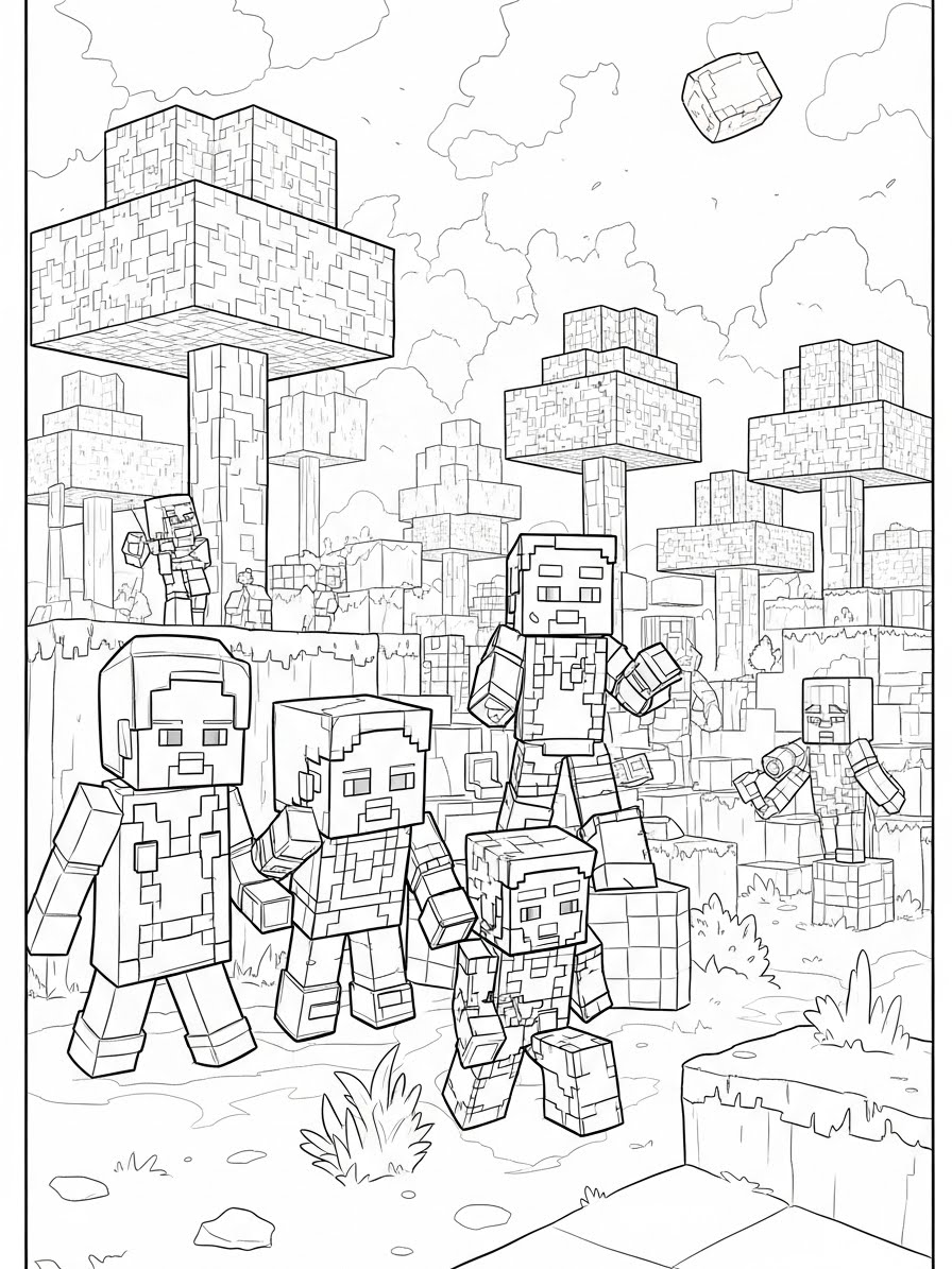Desenho do Minecraft com personagens e árvores para colorir
