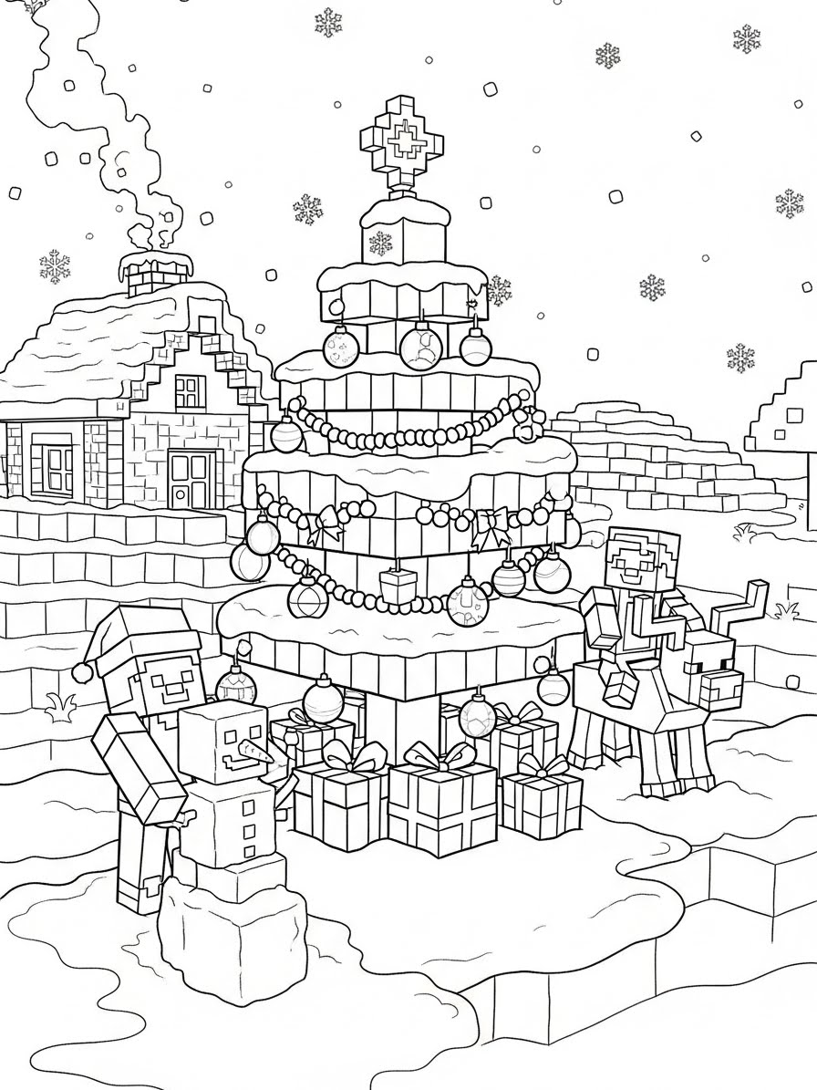 Desenho do Minecraft de Natal com árvore e personagens para colorir