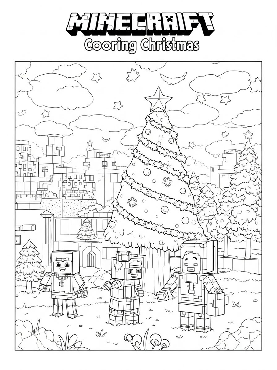 Desenho do Minecraft com personagens em Natal para colorir