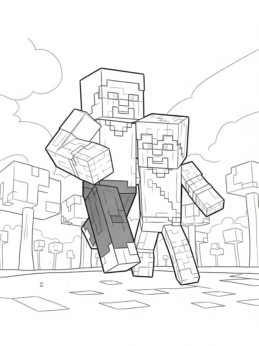 Desenho do Minecraft com dois personagens para colorir