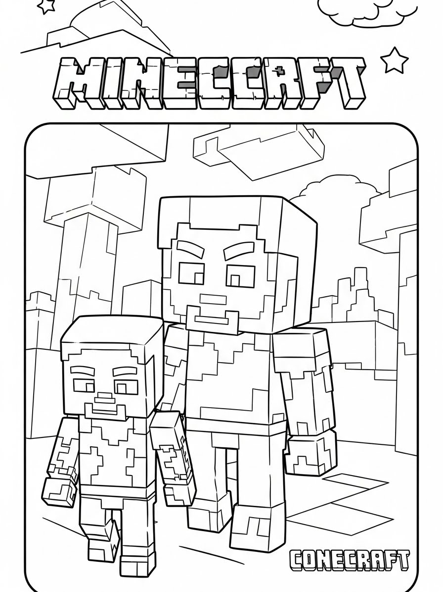 Desenho do Minecraft com Steve e criança para colorir