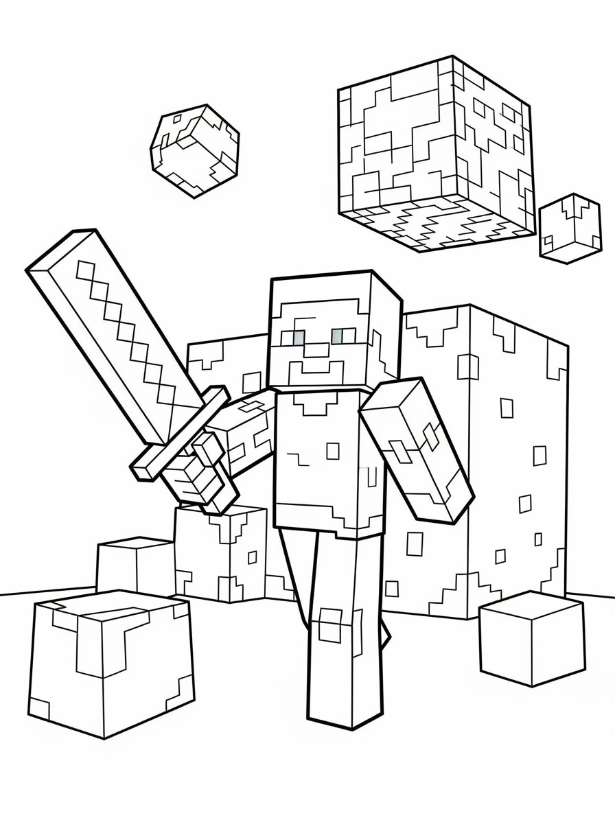 Desenho do Minecraft com personagem e blocos para colorir