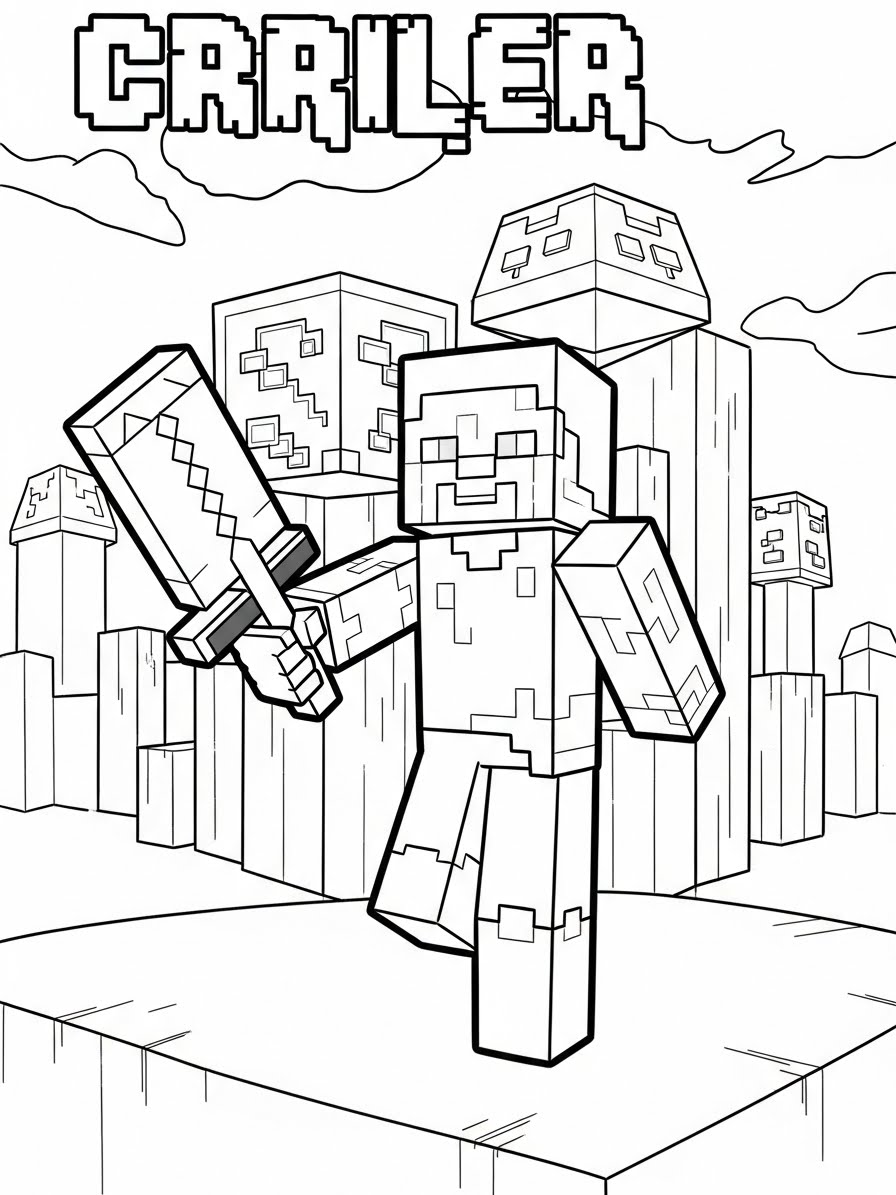 Desenho do Minecraft personagem com espada para colorir