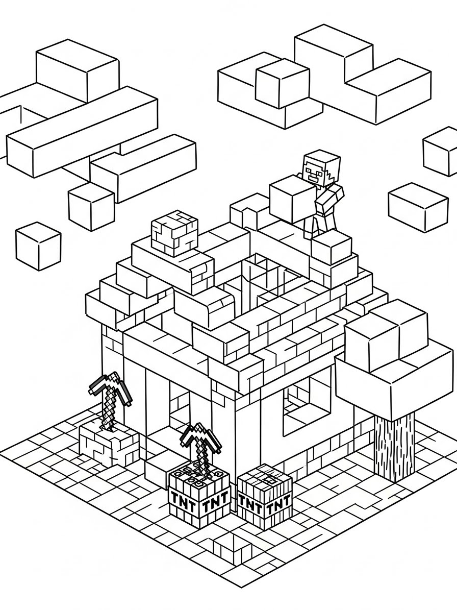 Desenho do Minecraft de uma casa com TNT para colorir