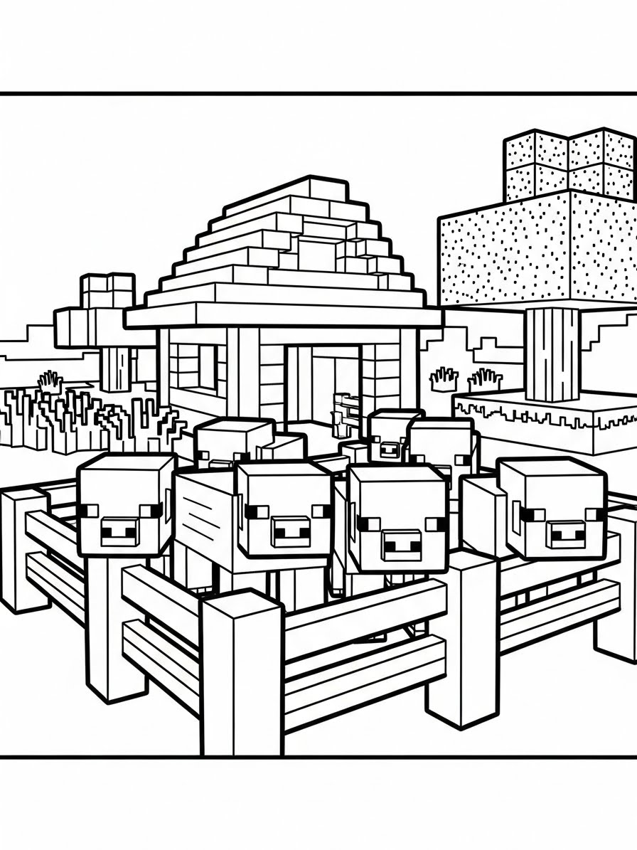Desenho do Minecraft com uma casa cercada de ovelhas para colorir