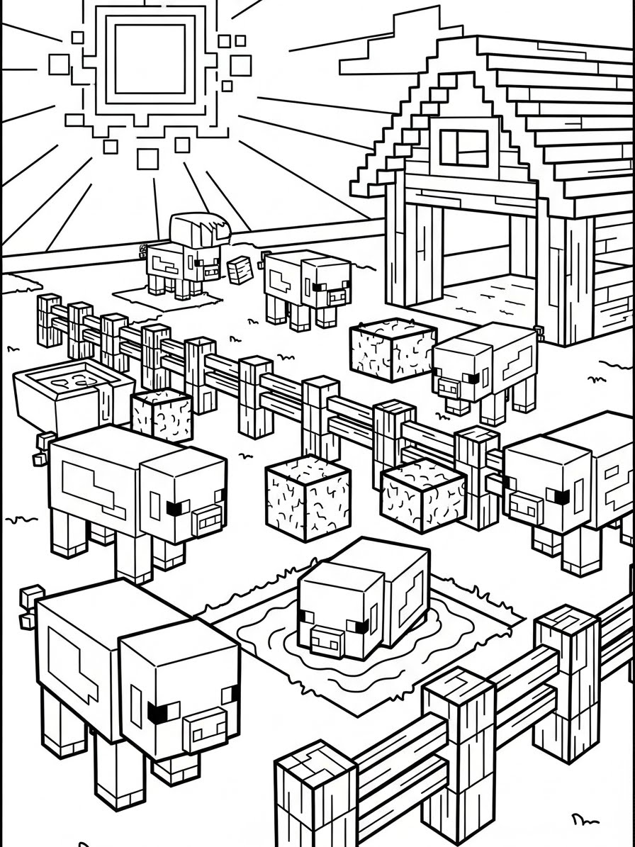 Desenho do Minecraft com animais e uma casa para colorir