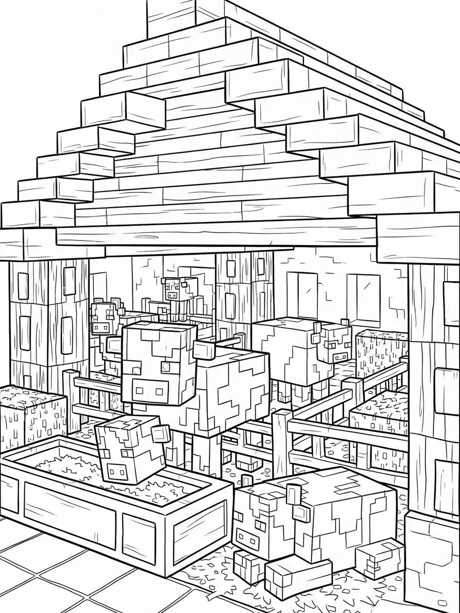 Desenho do Minecraft de uma fazenda com vacas para colorir