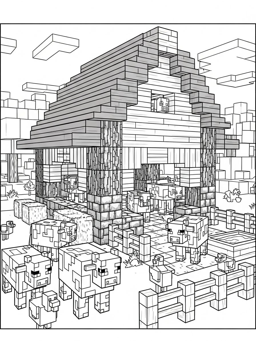 Desenho do Minecraft com a fazenda e vacas para colorir